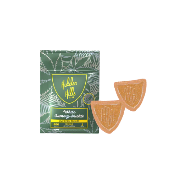 Green and yellow package of Hidden Hills Shield Gummies | 2ct by Hidden Hills containing two orange triangular Delta 9 gummies.