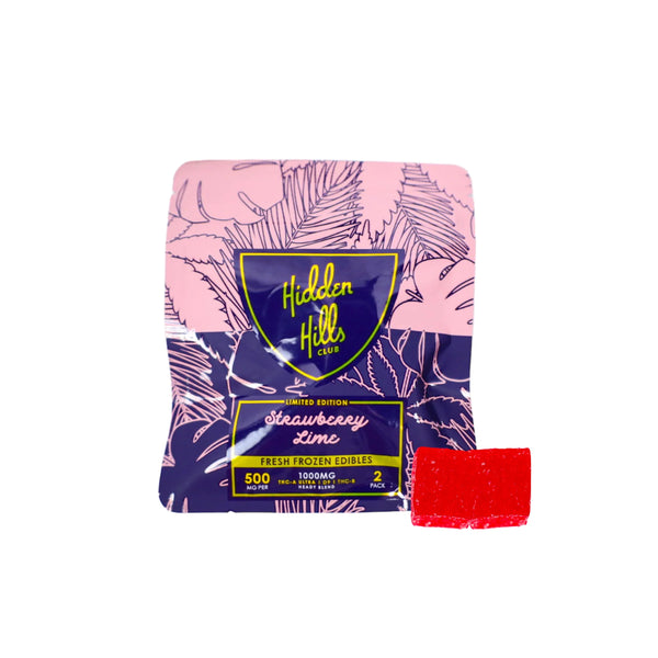 A package of Hidden Hills Hidden Hills Heady Blend Gummies | 2ct is shown, labeled as limited edition and containing 1000mg of high-quality cannabis extracts in 2 pieces. One red THC edible piece is visible outside the package.