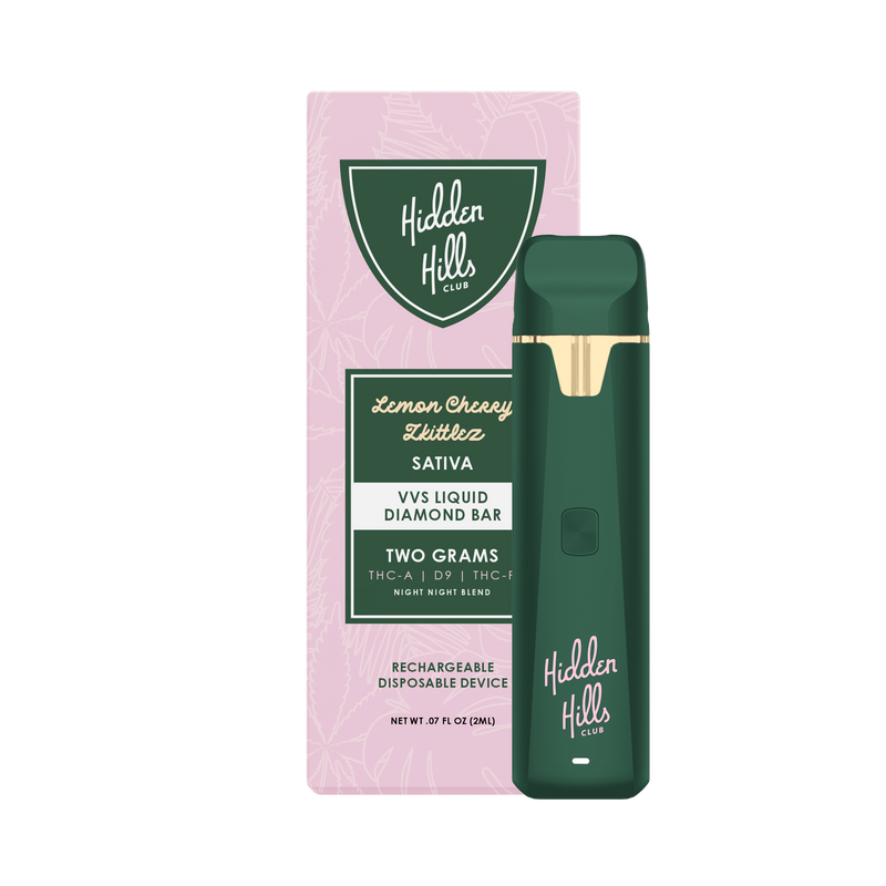 Hidden Hills Liquid Diamond Bar | 2g disposable vape device with "Hidden Hills" branding, labeled "Lemon Cherry Glitter Sativa," next to pink packaging. Contains 2 grams of Hidden Hills Liquid Diamonds Delta 9 and is rechargeable.