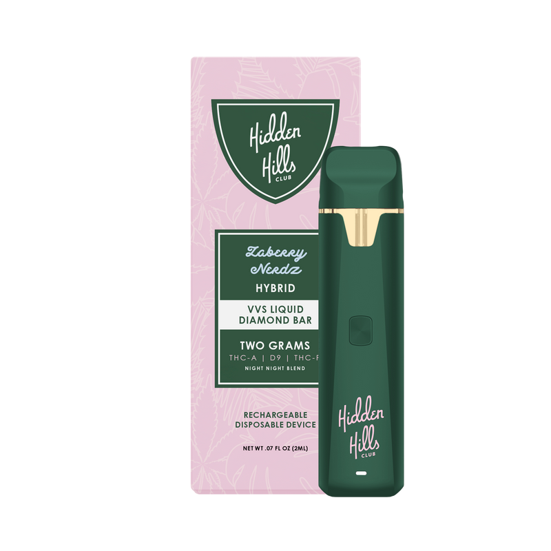 Image of a Hidden Hills Liquid Diamond Bar | 2g rechargeable disposable vape in green, displayed in front of its pink and green packaging labeled "Tabooey Needo Hybrid, VVS Liquid Diamond Bar, Two Grams, featuring Delta 9 for an enhanced experience.