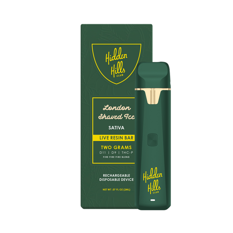 Green and gold packaging for Hidden Hills Live Resin Disposable | 2g by Hidden Hills showcases a rechargeable device containing two grams of Delta 11, D9, THC-P, and a fire-free herb blend.