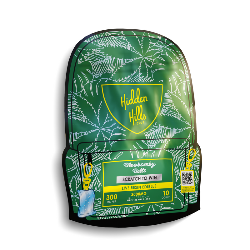 A green package with leaf designs, labeled "Hidden Hills," contains Hidden Hills Live Resin Gummy Belts | 3000mg (300mg each) featuring Delta 9. The front has a "scratch to win" feature and a QR code.