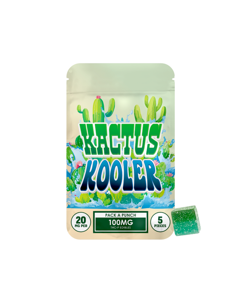 A Hidden Hills Pack-A-Punch Gummies package with cactus graphics displays 20mg per piece, 100mg total, 5 gummies, and a green gummy beside the bag—infused with premium hemp-derived THC-P by Hidden Hills.
