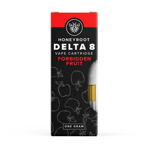 A box of Honeyroot Delta 8 Cartridge labeled "Honeyroot | Forbidden Fruit" features vibrant fruit illustrations and a clear display of the cartridge on the side. The text notes it contains one gram of hemp-derived Delta 8 THC.