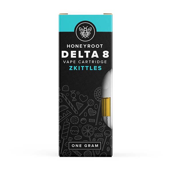 Image of a Honeyroot Delta 8 Cartridge packaging labeled "Zkittles." The package features a sleek black and turquoise design with the text "1g" prominently at the bottom. A partial view of the cartridge is visible.