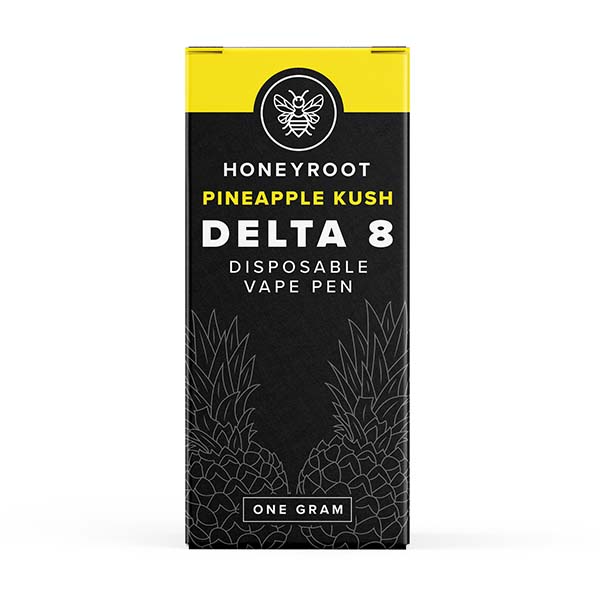 Packaging for the yellow and black Honeyroot Delta 8 Disposable 1g from Honeyroot, labeled "Pineapple Kush," features pineapple illustrations at the bottom.