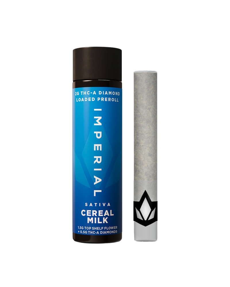 A blue cylindrical container labeled "Imperial THCA Pre-Rolls | 2g" for top-shelf flower stands next to a gray pre-rolled joint with a black and white logo.