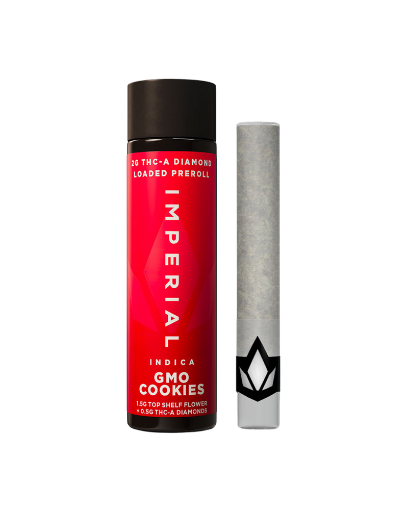 A red cylindrical container labeled "Imperial THCA Pre-Rolls | 2g" with a black cap sits next to a rolled joint featuring a black logo, infused with THCA Diamonds for an elevated experience.