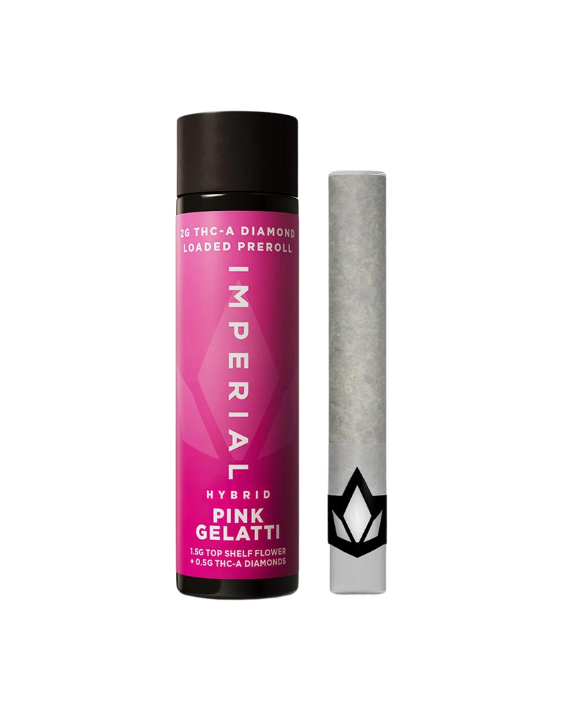 A cylindrical container labeled "Imperial Hybrid Pink Gelatti" with a pre-rolled joint next to it. The package mentions "Imperial THCA Pre-Rolls | 2g," highlighting Imperial THC-A Diamond Infused Prerolls for a premium experience.