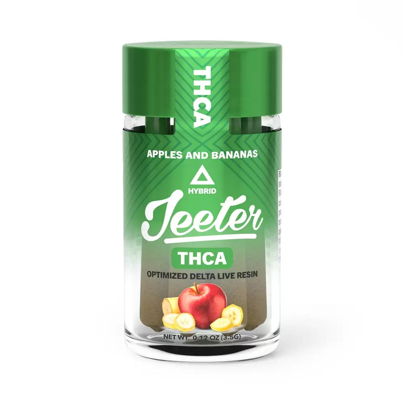 A small container of Urb Jeeter Pre-Rolls THCA | 6ct labeled "Apples and Bananas," featuring images of an apple and banana slices on the front. Net weight: 0.12 oz (3.5g). Perfect for fans of Urb Jeeter THC-A Pre-Rolls.