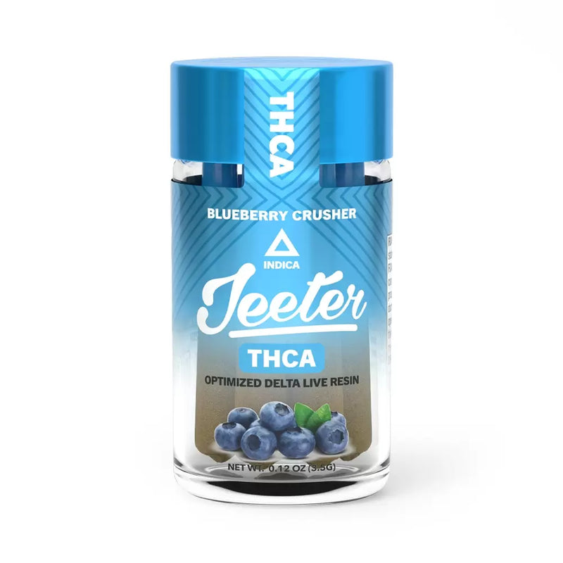 A clear container with a blue lid labeled "Jeeter Pre-Rolls THCA | 6ct Urb," featuring an image of blueberries. The container holds 3.5g with a net weight of 0.12 oz and pairs perfectly with Jeeter THC-A Pre-Rolls for a premium experience.