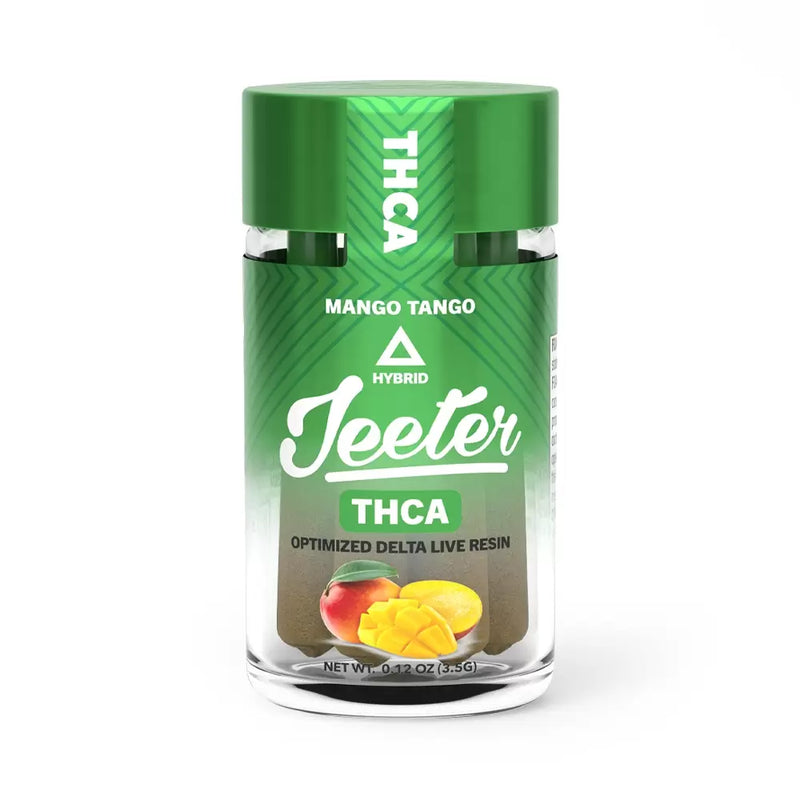 A small clear jar with a green lid labeled "Urb Jeeter Pre-Rolls THCA | 6ct" contains optimized delta live resin, perfect for THCA Prerolls. The label features images of a mango and a flower at the bottom. Net weight is 1.5 grams.