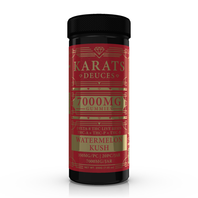 A black and red container labeled "Karats Deuces Live Resin Gummies | 7000mg" and "Carats" in Watermelon Kush flavor, containing Delta 8 THC live resin with THC-A, THC-P, and THCB. With 350mg per piece, this 7000mg THC per bottle product offers 20 pieces per jar.