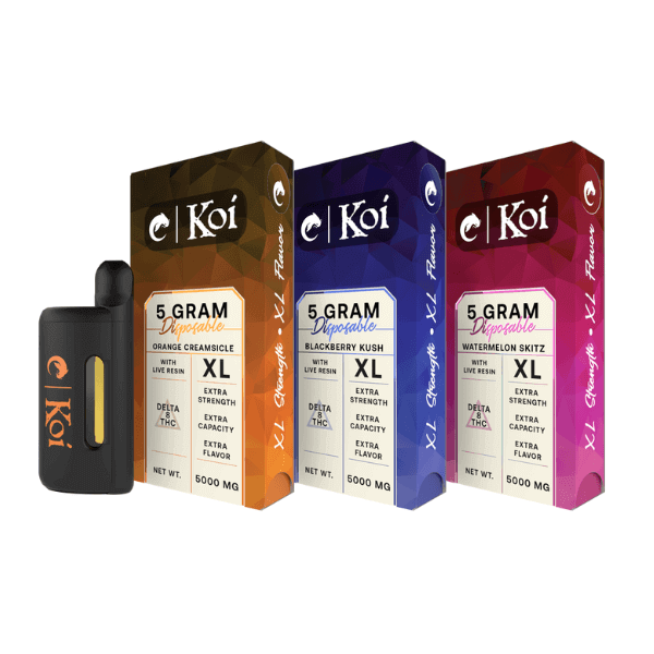 Three boxes of Koi Delta 8 Live Resin Disposable Vapes infused with botanical terpenes in different flavors (Orange Creamsicle, Blackberry Kush, Watermelon Skitz) are displayed next to a black Koi vape pen. Each box indicates 5 grams and 5000 mg.