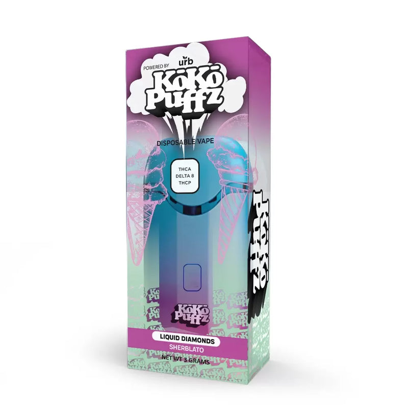 A box of Urb Koko Puffz Liquid Diamonds Disposable Vape in Sherblato flavor, featuring THC-A Liquid Diamonds, Delta 8, and THCP. The packaging is purple and turquoise with an image of the sleek vape device.