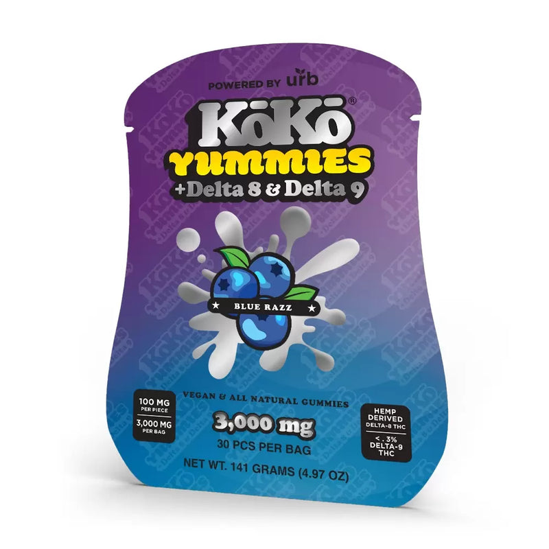 A pouch of Urb's Koko Yummies Delta 8/Delta 9 gummies features a powerful blend of Delta 8 and Delta 9 THC, with a total of 3,000 mg per bag.