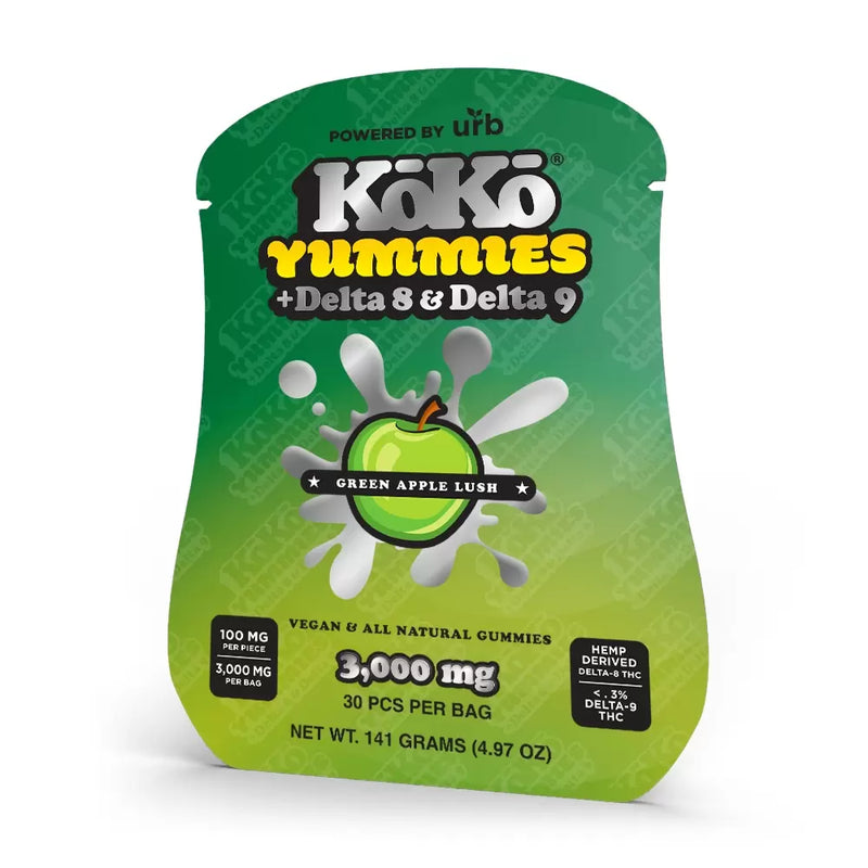 A green and yellow package of "Koko Yummies Delta 8/Delta 9" by Urb provides a delightful green apple flavor, with each pack containing 3,000 mg in total across 30 vegan-friendly Delta 9 gummies.