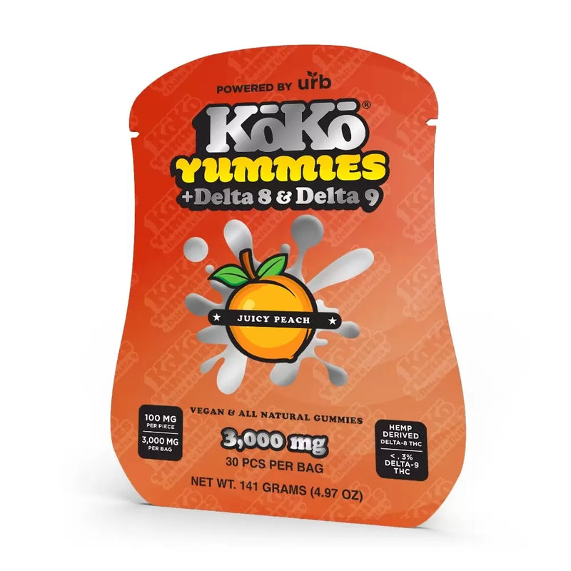 Urb's KoKo Yummies Delta 8/Delta 9 gummies feature vibrant orange packaging labeled "Juicy Peach." Each gummy contains 100 mg of Delta 8 THC and Delta 9 THC, with a net weight of 141 grams and a total of 3,000 mg per bag. These gummies are crafted using vegan and all-natural ingredients.