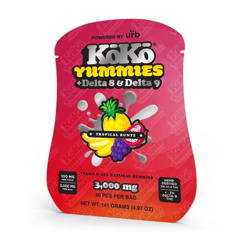 The eye-catching red packaging of Urb's Koko Yummies Delta 8/Delta 9 features a fruity mix design. Inside each bag, you'll find gummies with a combined potency of 3,000 mg of Delta 8 THC and Delta 9 THC—providing 100 mg per piece. Enjoy the all-natural, vegan goodness in each of the 30 pieces included.