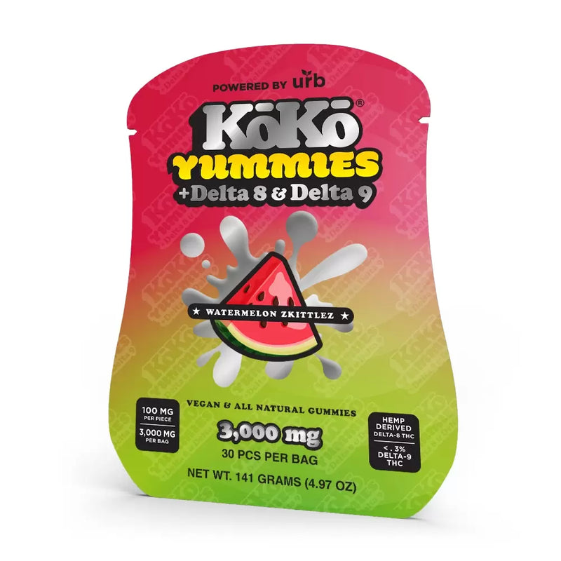 A vibrant package of Urb's Koko Yummies Delta 8/Delta 9 in Watermelon Skittle flavor provides vegan gummies, featuring 30 pieces with a total of 3,000 mg per bag and each gummy containing 100 mg. The net weight is 141 grams (4.97 oz).