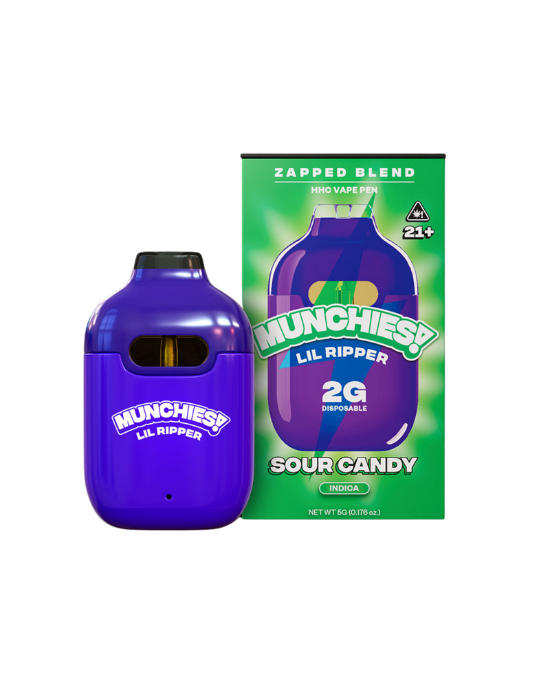 A purple HHC vape pen from Delta Munchies, named "Munchies Lil Ripper Zapped," comes in green packaging labeled with "Sour Candy Indica" and "2G Disposable." This rechargeable vape is intended for individuals aged 21 and older.