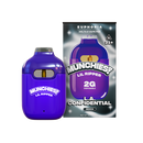 Image of a purple vape pen labeled "Munchies Lil Ripper Delta 8 Disposable Vape" by Delta Munchies, next to its box, which includes the text "Euphoria Delta 8 Vape Pen," "L.A. Confidential," "2G," and "21+." The pen and box feature cannabis leaf icons and highlight THC-P live resin for an elevated experience.