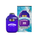 Image of a Delta Munchies Lil Ripper Delta 8 Disposable Vape, featuring the watermelon gushers flavor. The 2g product is showcased in vibrant blue and purple packaging that displays essential details and highlights that it is intended for individuals aged 21 and over.