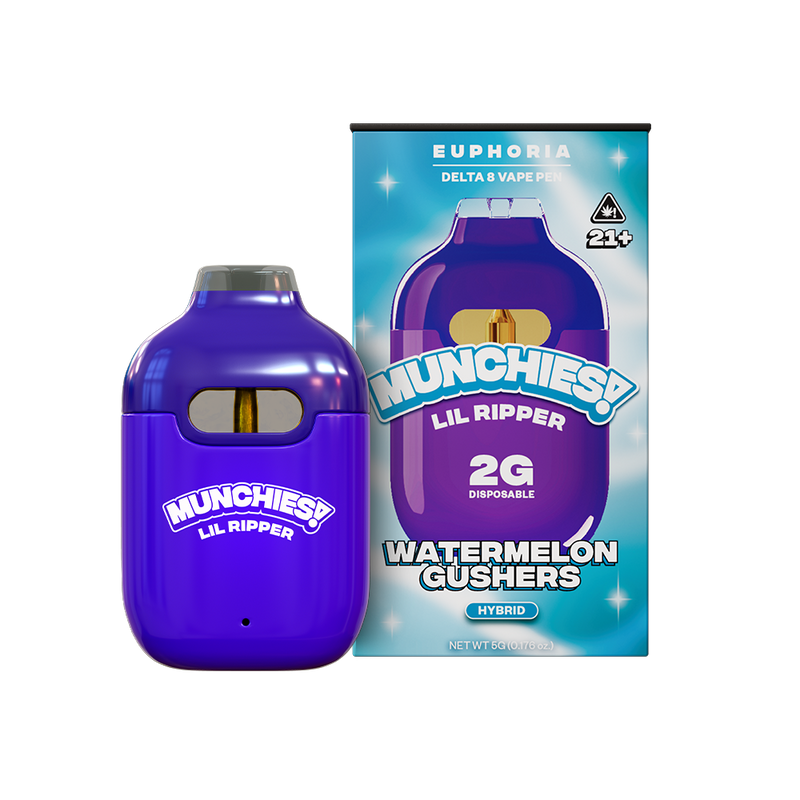 Image of a Delta Munchies Lil Ripper Delta 8 Disposable Vape, featuring the watermelon gushers flavor. The 2g product is showcased in vibrant blue and purple packaging that displays essential details and highlights that it is intended for individuals aged 21 and over.