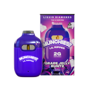 Image of a Delta Munchies Munchies Lil Ripper THCA Disposable Vape and its packaging, highlighting the Grape Jelly Runtz flavor. The box shows that it's a rechargeable vape pen with 2 grams and is categorized as sativa.