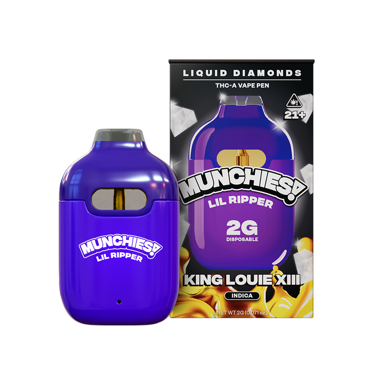 A purple Delta Munchies "Munchies Lil Ripper THCA Disposable Vape | 2g" sits beside its packaging, which mentions "THCA Liquid Diamonds" and "King Louie XIII.