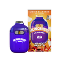 Image of a purple disposable vape device next to its packaging. The packaging reads "MUNCHIES! LIL RIPPER G" and "MANGO GELATO" with a "21+" age restriction symbol. This Munchies Lil Ripper THCA Disposable Vape | 2g by Delta Munchies is among the sleek rechargeable vapes offering delightful flavors for connoisseurs.