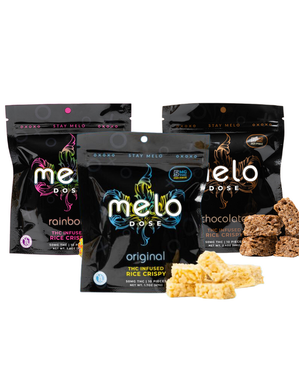 Three varieties of Melo Dose Delta-9 THC Rice Crispy treats are displayed in their colorful packaging: original, rainbow, and chocolate.