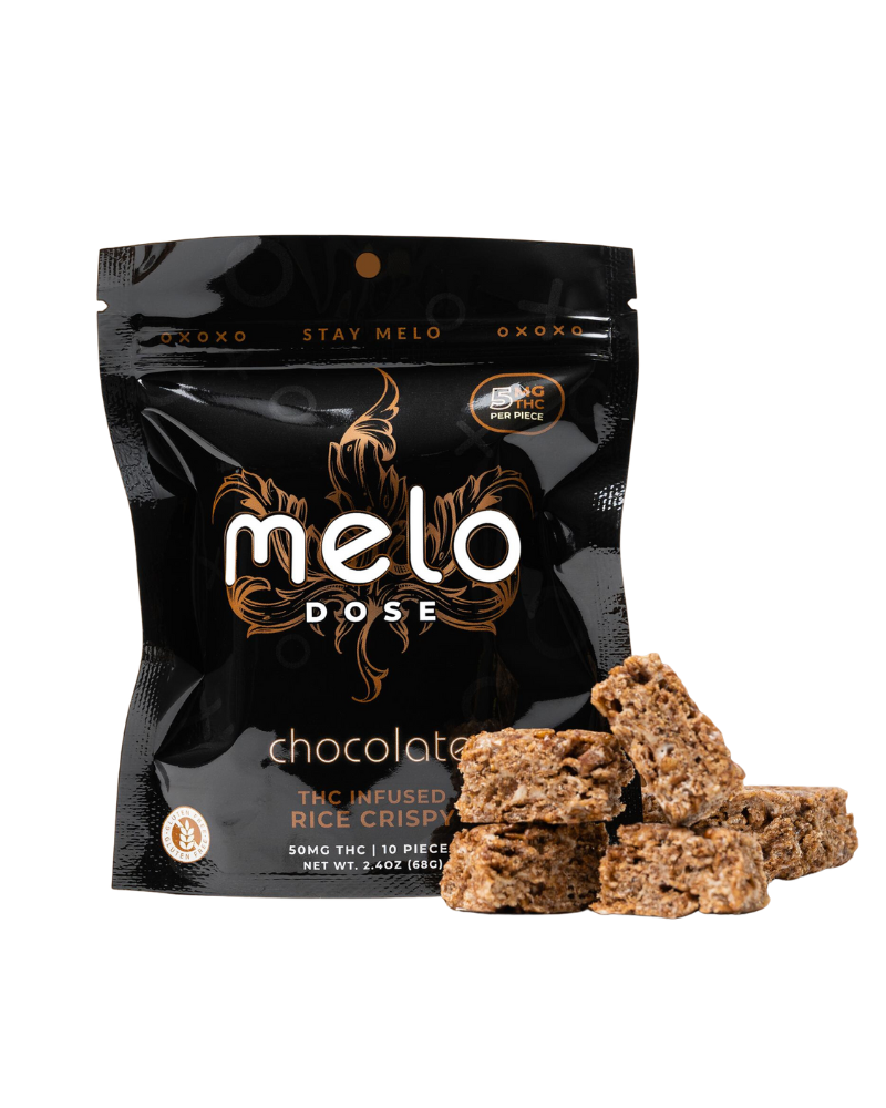 A black pouch labeled "Melo Dose Delta-9 THC Rice Crispy" containing hemp-derived chocolate rice crispy bites infused with Delta-9 THC. Several pieces of the crispy treats are displayed beside the pouch.