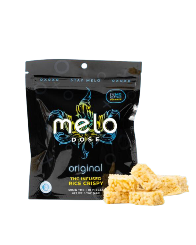 A package labeled "Melo Dose Delta-9 THC Rice Crispy," containing 50mg of hemp-derived Delta-9 THC total, is shown with three rice crispy treats next to it.