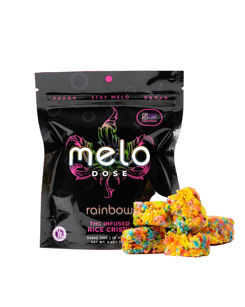 A package labeled "Melo Dose Delta-9 THC Rice Crispy" with colorful rice crispy treats placed beside it. The package includes dosing information and decorative elements.