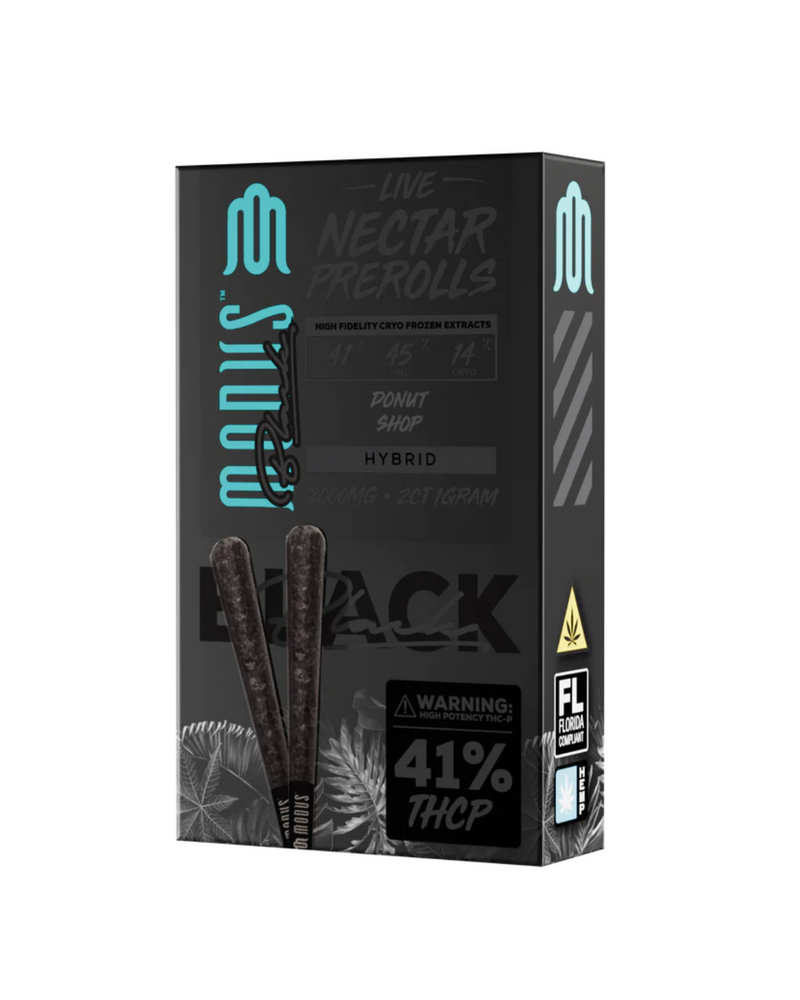 A Modus Black Live Nectar Prerolls box, labeled "Maui," offers a premium hybrid cannabis experience with 41% THCP. It includes a high-fidelity touch, a prominent warning, and the FL legal badge for assurance.