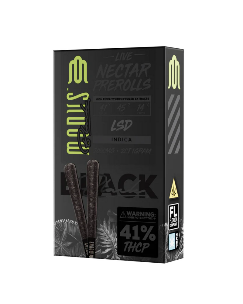 Modus Black Live Nectar Prerolls | 2ct are elegantly packaged in sleek black, prominently displaying "LSD" and "Indica," with an impressive 41% THCP content. Crafted from premium cannabis, two prerolls take center stage with clear branding and warnings for discerning enthusiasts.