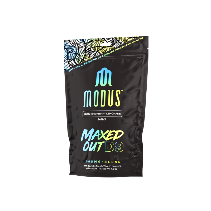 A black package of Modus Maxed Out D9 Gummies | 1000mg by Modus, containing a 1000 mg blend of hemp-derived Delta 9 THC, promises an exceptional cannabis experience.