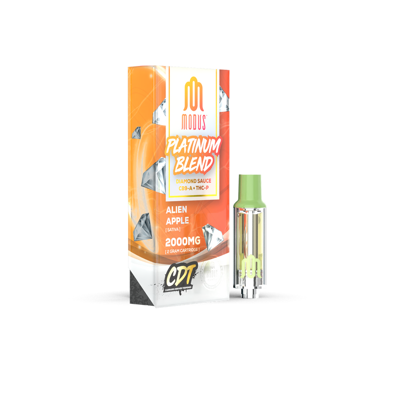 Box and vape cartridge for Modus Platinum Blend Cartridge | 2g in Alien Apple flavor, 2000mg strength, featuring cannabis distillate sauce with CDT. Experience the exceptional quality of Modus Platinum Blend Vape Carts with every puff.