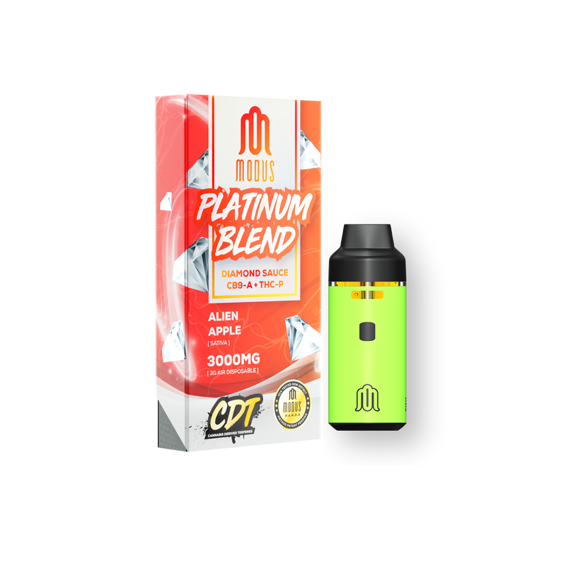 A Modus Platinum Blend Disposable | 3g box featuring the "Alien Apple" flavor and a robust 3000mg dosage sits next to a lime green vape device. The box highlights premium CB9-A and THC-P components, reminiscent of Diamond Sauce quality.