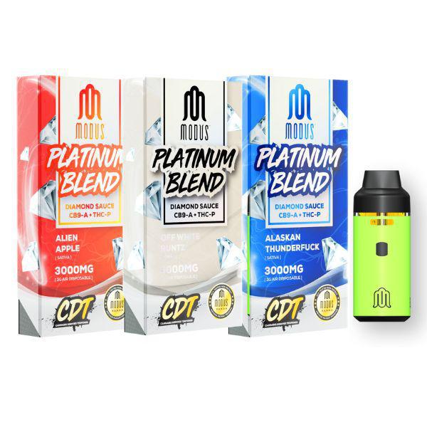 Three packs of Modus Platinum Blend Disposable | 3g in Alien Apple, Diamond Sauce, and Alaskan Thunderf* flavors, accompanied by a green vaping device. Each pack from the Modus Collection contains 3000MG of CBN + THC-P.