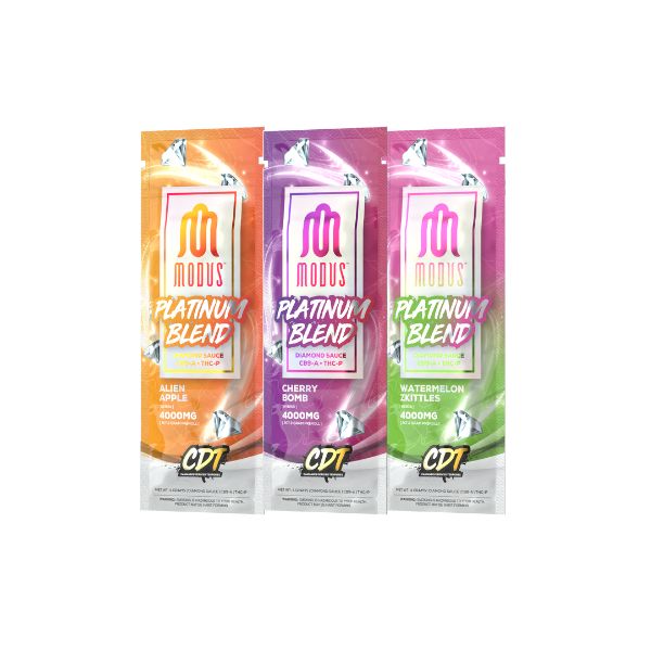 Three colorful packaging designs of Modus Platinum Blend Pre Rolls - 2ct | 4g in different flavors: Alien Apple, Cherry Bomb, and Watermelon Skittlz, each labeled with 4000mg CBD content.