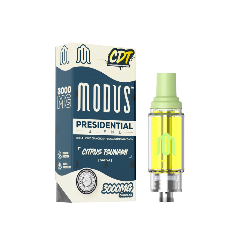 A box labeled "Modus Presidential Blend Cartridge | 3g" and a vape cartridge filled with yellow THC distillate. The box indicates 3000 MG, CDT, and THC-A, compatible with 510 vape batteries.