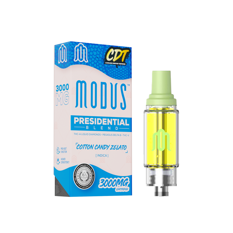 A box of Modus Presidential Blend Cartridge | 3g, displayed next to the 510 vape battery-compatible cartridge itself. The cartridge contains yellow THC distillate and has a green top.