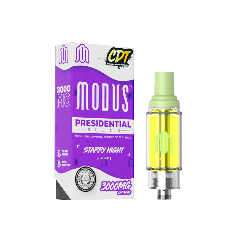 The image showcases a Modus Presidential Blend Cartridge | 3g vape product featuring high-quality THC distillate, boasting 3000 mg of THC. The purple and white packaging houses a clear cartridge filled with yellow liquid labeled "Starry Night (Hybrid)," compatible with 510 vape batteries.