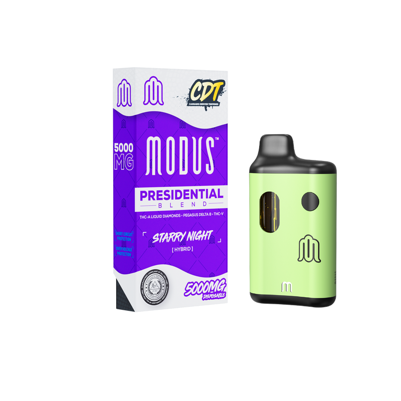 Image of a light green Modus vape pen next to its packaging labeled “Modus Presidential Blend Disposable | 5g - Starry Night Hybrid 5000 MG THC.” The disposable vape pens feature THC-A Liquid Diamonds for an enhanced experience by Modus.