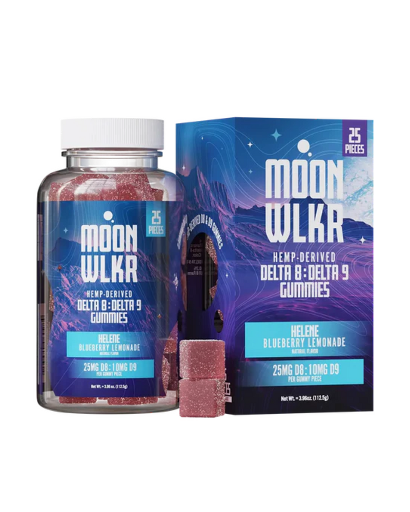 A container and box of Moonwlkr Delta 8 & Delta 9 Gummies | 25ct in Helene Blueberry Lemonade flavor, with each gummy containing 25mg Delta 8 and 10mg Delta 9.