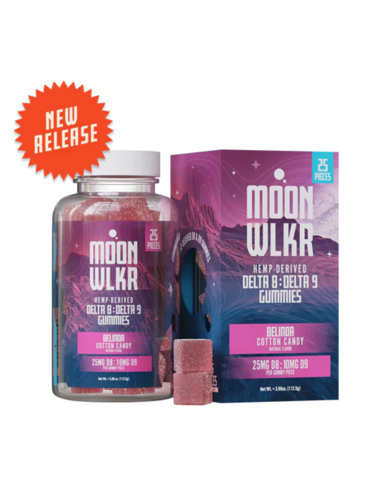 Moonwlkr's latest release includes hemp-derived Delta 8 & Delta 9 THC gummies in cotton candy flavor, packed in a striking jar and box. Their unique blend entices you to experience this fresh innovation in gummy indulgence with MoonWlkr Delta 8 & Delta 9 Gummies | 25ct.