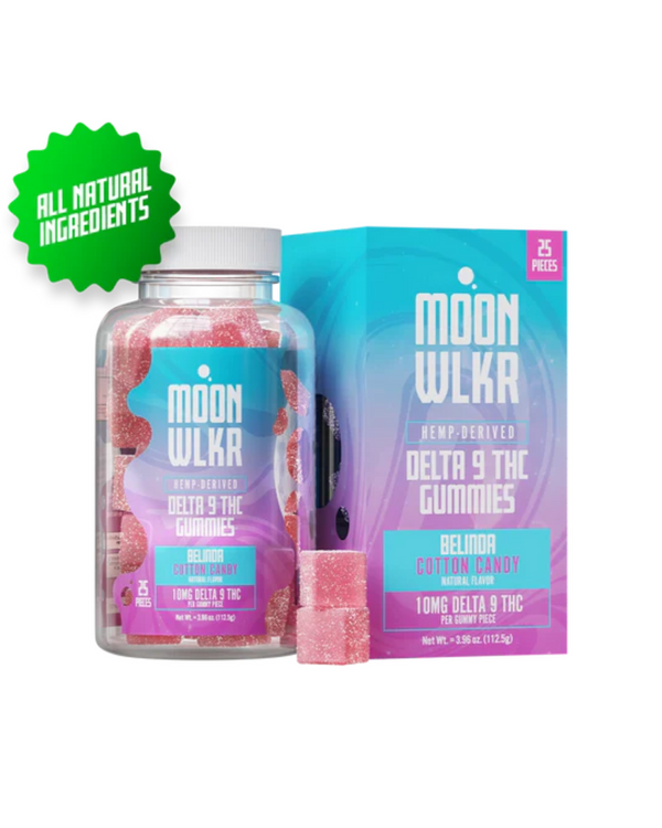 The Moonwlkr Delta 9 Gummies in "Belinda Cotton Candy" flavor come in a bottle and box, infused with aromatic hemp terpenes. The package includes 25 pieces, each containing 10mg of Delta 9 THC for a delightful experience.