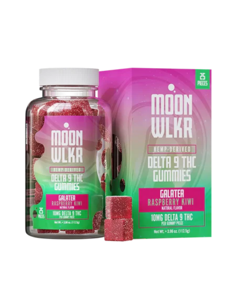 A bottle and box of Moonwlkr Delta 9 Gummies by Moonwlkr, with terpene enrichment and hemp-derived ingredients, contain 10mg per piece. The package has 25 pieces in vibrant pink and green hues.